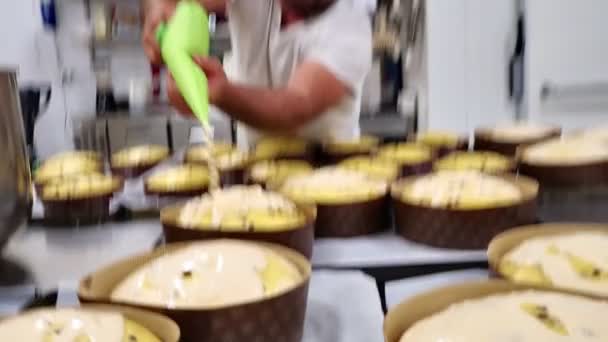 Artesano Utilizando Esmerilado Bolsa Tuberías Llenado Para Decorar Grupo Pasteles — Vídeo de stock
