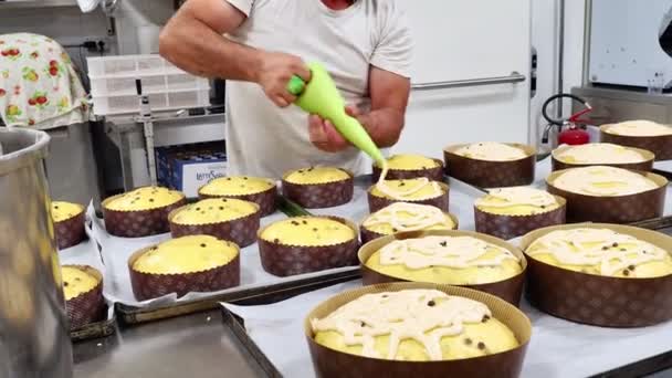 工匠用结霜充填管袋装饰一组蛋糕 — 图库视频影像
