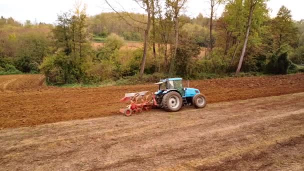 Cortina Italy November 2022 Blue Tractor Plowing Land Autumn Forest — Stock Video