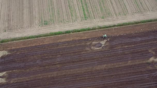 Drone Střílí Video Krajina Farmáře Orání Kejdy Kanalizační Pole — Stock video