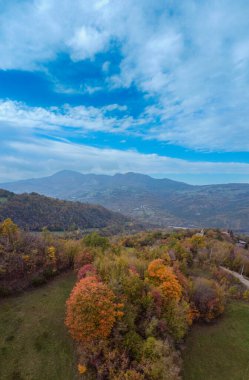 Vezzolacca Piacenza İtalya manzaralı sonbahar renkli kadın ormanının insansız hava aracı manzarası