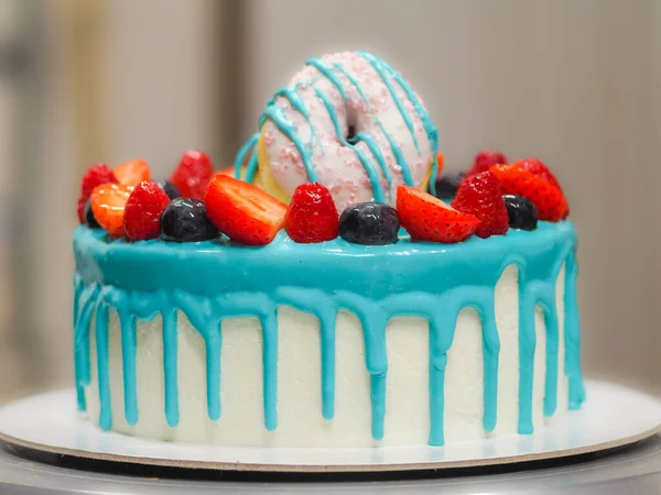 Pastelaria Chef Bolo Designer Decoração Azul Turquesa Cheesecake Fosco Branco — Fotografia de Stock