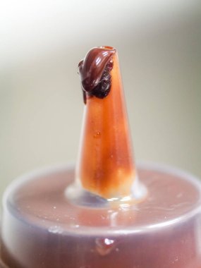 Pasta tasarımcısının aletleri. Çikolata dolu sıkma şişesi. Çikolata damlıyor.