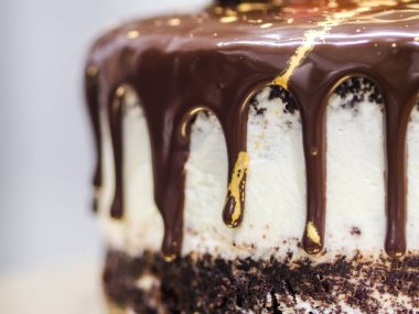 Koyu çikolata damlaları doğum günü pastası taze meyveler ahududu çileği çileği üstüne de altın yenebilir boya ile süslenmiş.