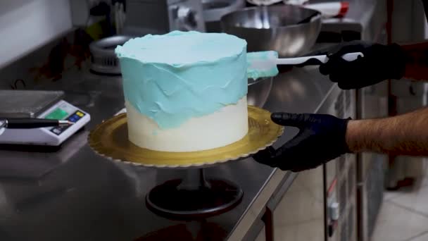 Pasta Tasarımcısı Turkuaz Açık Mavi Tereyağlı Spatula Görüntülü Buzlu Pastayı — Stok video