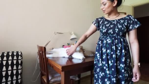 Indian Woman Petting Playing Domestic Car Living Room Home Appartment — Stock Video