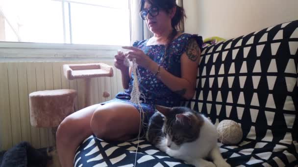 年轻的40多岁的拉蒂诺惊慌失措的女人在家里放松地编织和欣赏爱猫公司的4K镜头 — 图库视频影像