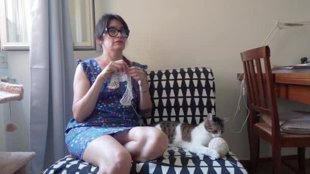 Yaşlarda Latin Kökenli Genç Bir Kadın Evde Oturmuş Kedi Besliyor — Stok video