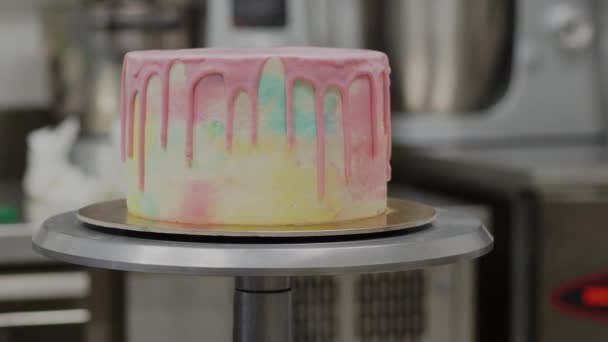 Chef Kok Versieren Een Pastel Roze Geel Blauw Gekleurde Frosted — Stockvideo
