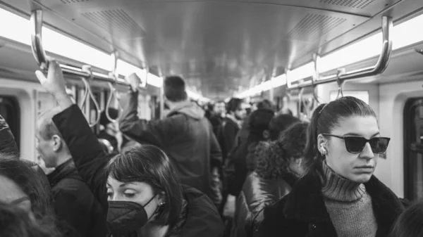 Milano Italy November 2022 Travelling Underground Metro Face Mask — стоковое фото