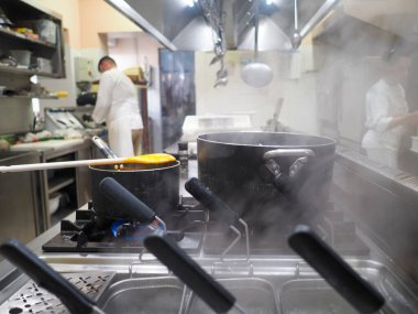 Profesyonel restoran mutfağında çalışan geri dönüşümsüz insanlar.
