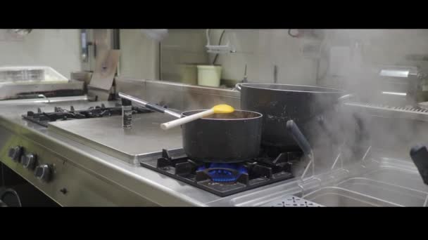 Cooking Pumpkin Splash Pureed Creme Soup Industrial Kitchen Full Steam — Stockvideo