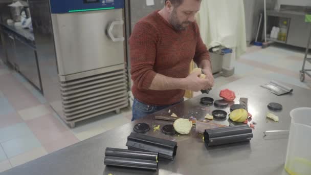 Baker Filling Professional Moulds Coloured Dough Preparing Heart Star Shaped — Stok video