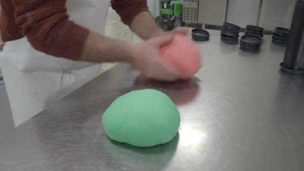 Creative Baker Kneading Massaging Smoothing Cutting Coloured Dough Bread Pizza — Videoclip de stoc