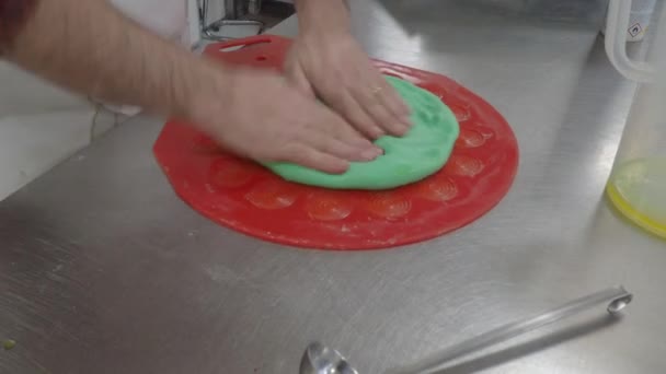 Creative Baker Kneading Massaging Smoothing Cutting Coloured Dough Bread Pizza — Vídeos de Stock