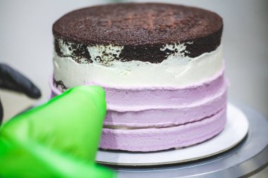 Pasta tasarımcısı, mutfak laboratuarında gül kremi dolgu poşeti, katmanlı siyah çikolatalı pasta kullanıyor.