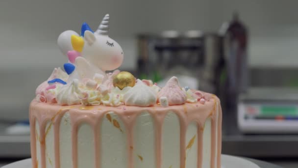 Chocolate Frosted Pink White Drip Cake Unicorn Meringue Topping Ready — Vídeos de Stock