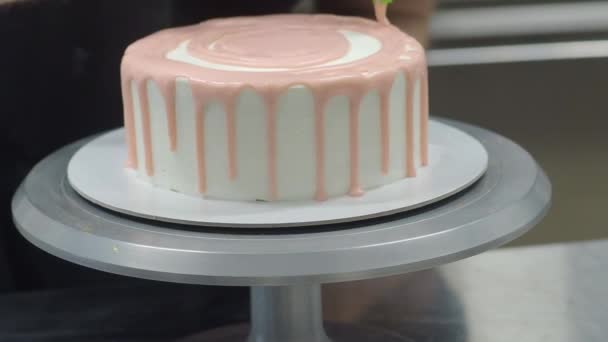 Ζαχαροπλάστης Σχεδιαστής Κέικ Διακόσμηση Pinlk Παγωμένος Cheesecake Στην Κουζίνα Σακούλα — Αρχείο Βίντεο