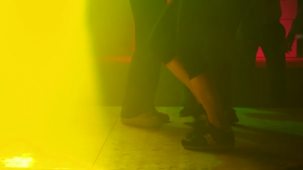 People Dancing Night Detail Legs Feet Coloured Light Discotheque Mood — Stock Video