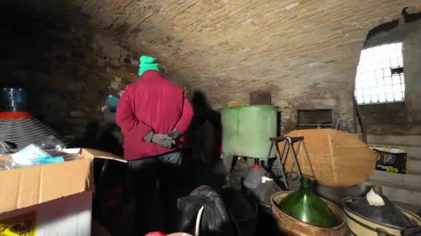 Senior Caucasian Man Decanting Bottling New Red Wine Home Made — Video Stock