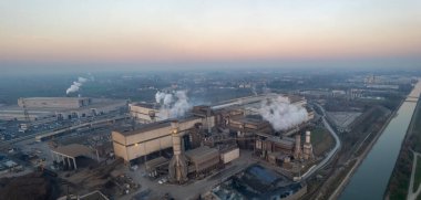 Cremona, Italy - January 2022 Drone aerial view of Arvedi working steel plant, industrial zone in Spinadesco,CR 26020