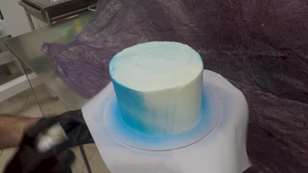 Video Designer Cake Pastry Chef Baker Using Blue Edible Paint — ストック動画