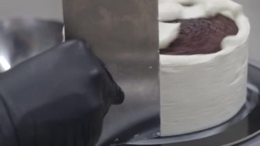 Çilek, yaban mersini ve çırpılmış tereyağlı kremayla doldurulmuş 3 katlı pasta hazırlayan pasta tasarımcısı. Dekorasyon videosundan önce pasta yapısı