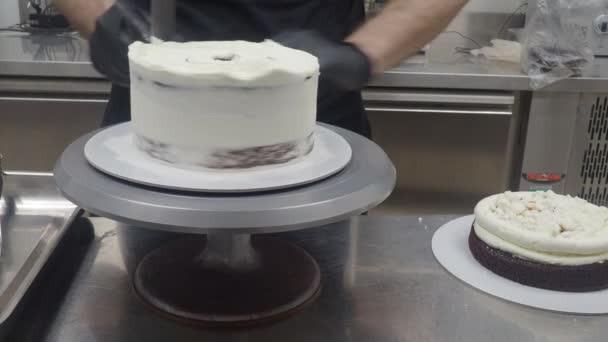 Chef Pâtissier Confisquant Gâteau Couches Givré Farci Fraises Bleuets Crème — Video