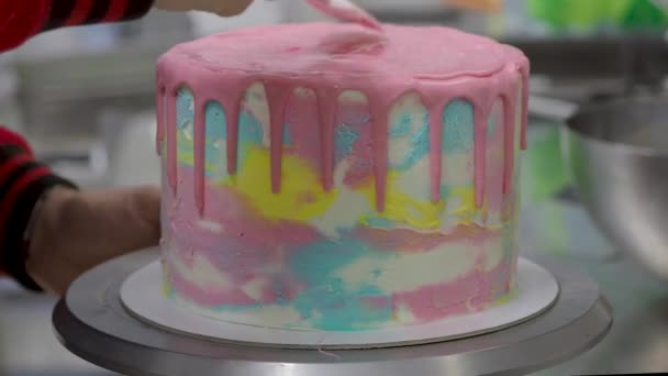 Chef Pastry Designer Confectioning Frosted Cilindrical Layered Cake Decorated Pinl — Stockvideo