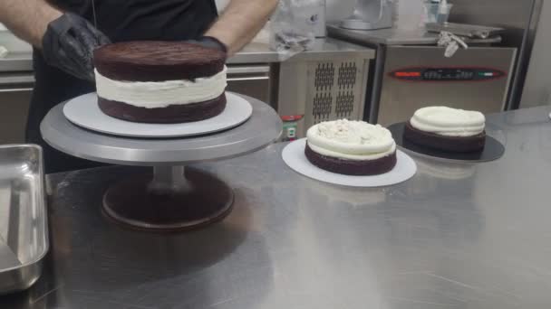 Designer Pastelaria Chef Confeccionar Bolo Camadas Fosco Recheado Com Morangos — Vídeo de Stock