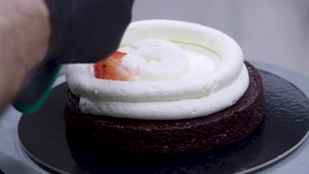 Chef Pastry Designer Confectioning Frosted Floor Layered Cake Stuffed Strawberries — Video Stock