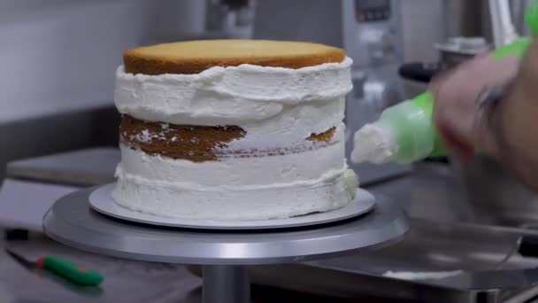 Pastry Sweet Baker Hand Frosting Cake Whipped Cream Bag Cream — Stock Video
