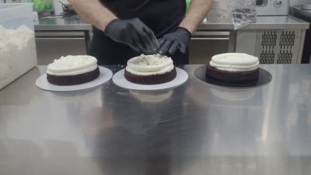 Chef Pastry Designer Confectioning Frosted Layered Cake Stuffed Strawberries Blueberries — Stockvideo