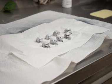 Doğum günü tatlısına malzeme hazırlamak, çikolatalı el yapımı kafatasları, kremalı pastanın tepesini Calavera temalı süslemek.