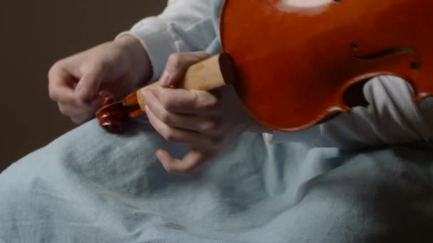 小提琴制造商工匠用自己生产的油漆涂漆 用手工制作的经典小提琴4K画面作最后的笔划 — 图库视频影像