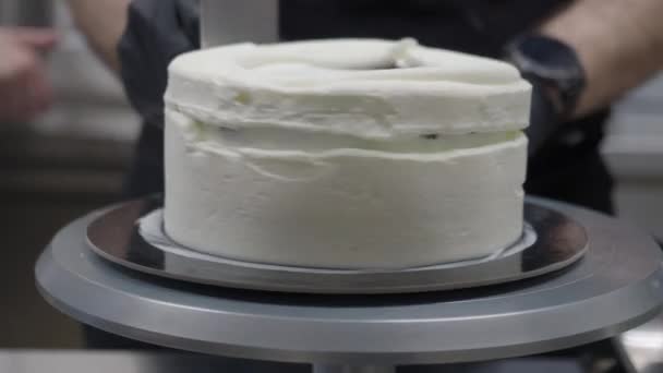 Unrecognizable Pastry Chef Preparing Layered Frosted Cake Assembling Spongy Dark — Stock Video