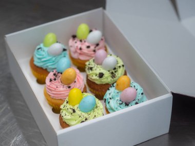 Paskalya pastası, üstünde konfeti çikolatası olan el yapımı kek grubu.