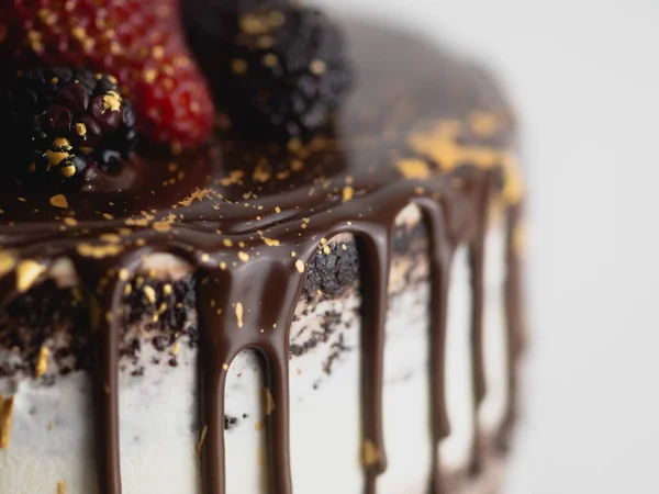 스튜디오 사진에는 황금색 붓놀림 초콜릿 거품이 케익이 있었다 — 스톡 사진