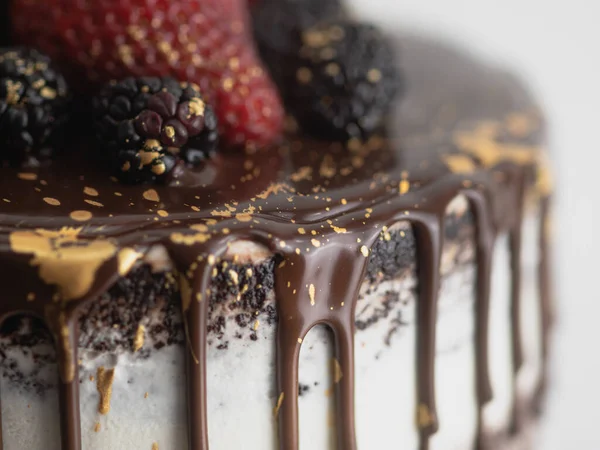 스튜디오 사진에는 황금색 붓놀림 초콜릿 거품이 케익이 있었다 — 스톡 사진