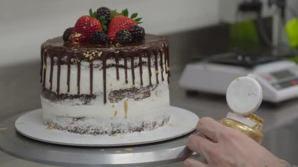 Pasta Şefi Çikolata Dolduruyor Süsleme Yapıyor Çikolatalı Pasta Damlatıyor Görüntü — Stok video
