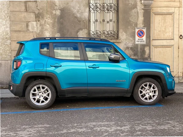 stock image Cremona , Italy- 17 February 2023 - indigo Jeep renegade parked in the street