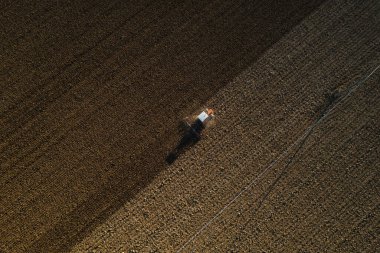 Sürüngen traktörü kullanan çiftçi, geride bir toz bulutunu sürüklüyor, sürme, güç sarsıcı yüzey kabuğu kırılması, bitkilerin kuru toprak üzerinde doğmasını ve tohumlanmasını kolaylaştırıyor.