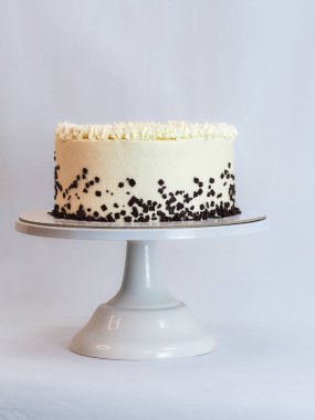 Beyaz arka planda dondurulmuş beyaz kremalı pasta stüdyosu.