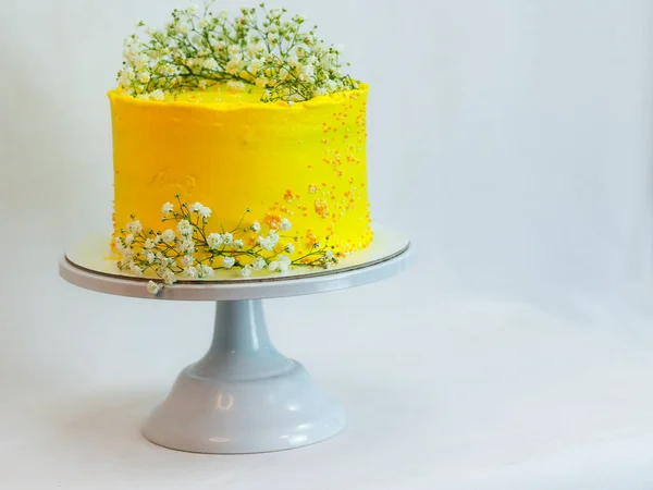 Estudio Disparo Celebración Amarilla Helado Pastel Taza Con Flores Blancas — Foto de Stock