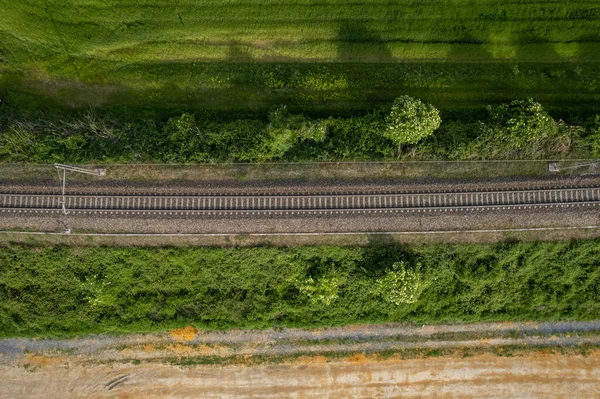 Über Bahngleise Fliegen Draufsicht Bahngleise Strecke Eisenbahn Zug Schiene Luftbild — Stockfoto