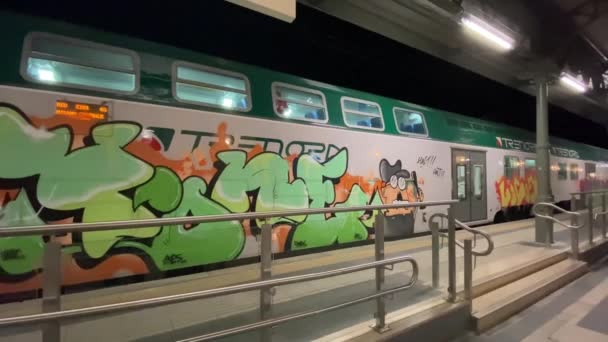 Cremona Italien Maj 2023 Graffitikonst Och Text Italienska Trenord Tåg — Stockvideo
