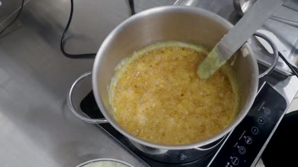 Skills Pastry Chef Hones Craft Salty Caramel Syrup Creation Inglês — Vídeo de Stock