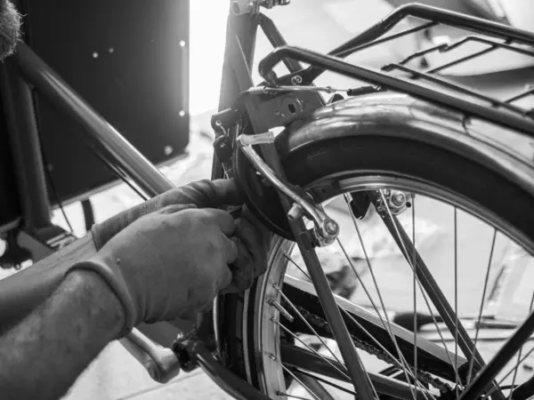 at the bike shop store and repair , artisan expert mechanic expert repairs restore and wreck bycicle