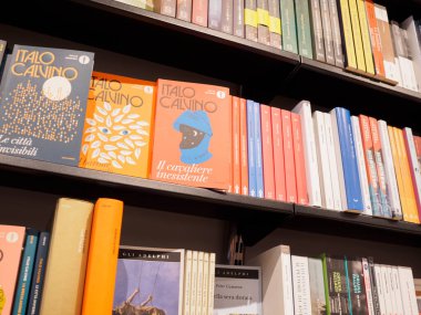 Cremona, İtalya 19 Temmuz 2024 Kitap renkli kitaplarla dolu ünlü İtalyan yazar italo calvino 'nun romanlarını gösteriyor, İtalyan edebiyatı konsepti