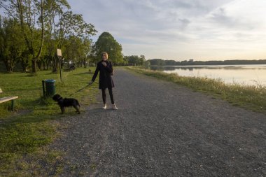 Kadın köpeğiyle huzurlu bir akşam gezintisine çıkıyor sakin bir göl kenarında, batan güneş suya sıcak bir ışık saçıyor.
